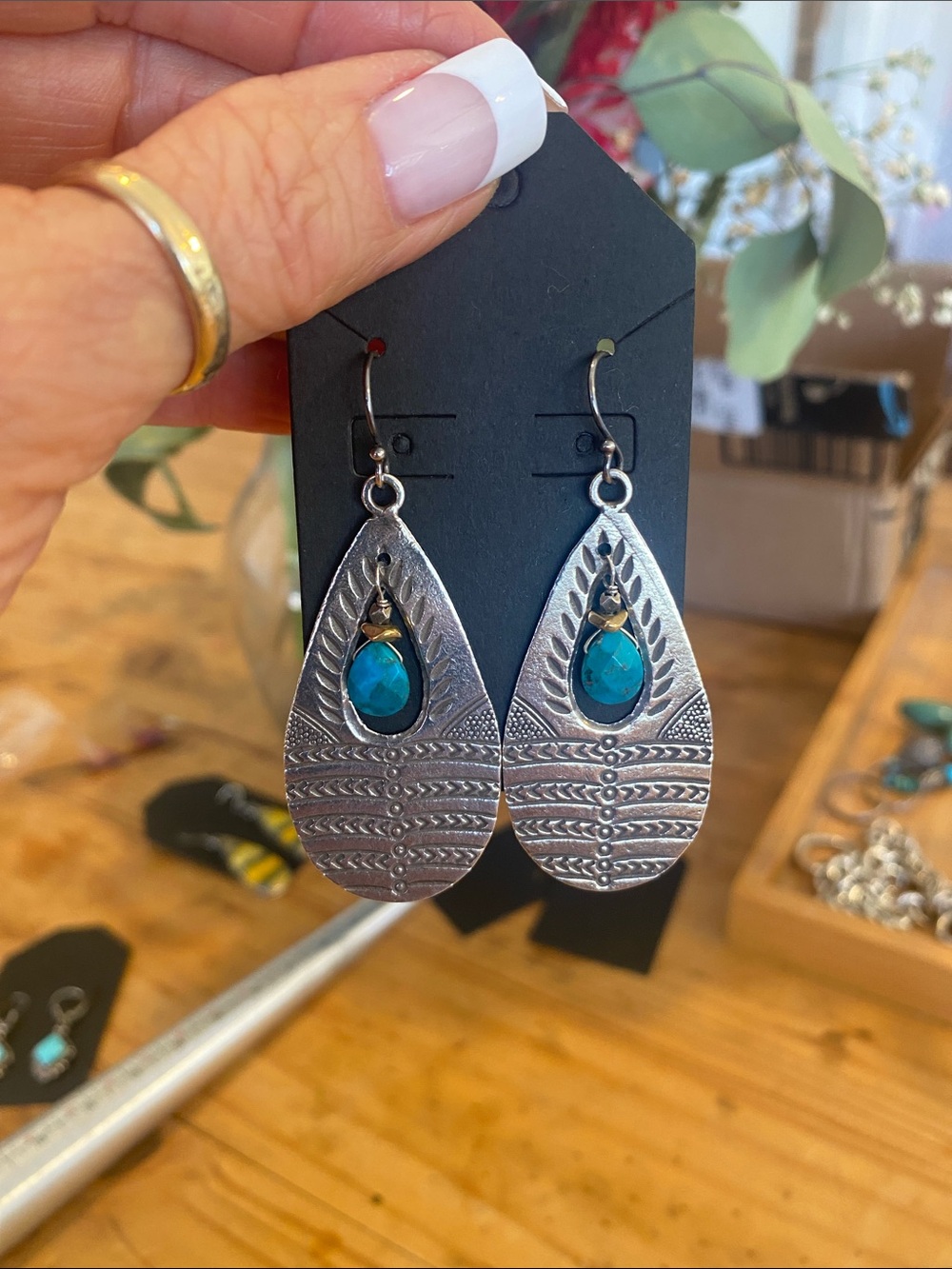 Sundance Sterling silver Teardrop Earrings with gold nugget & Turquoise Accent